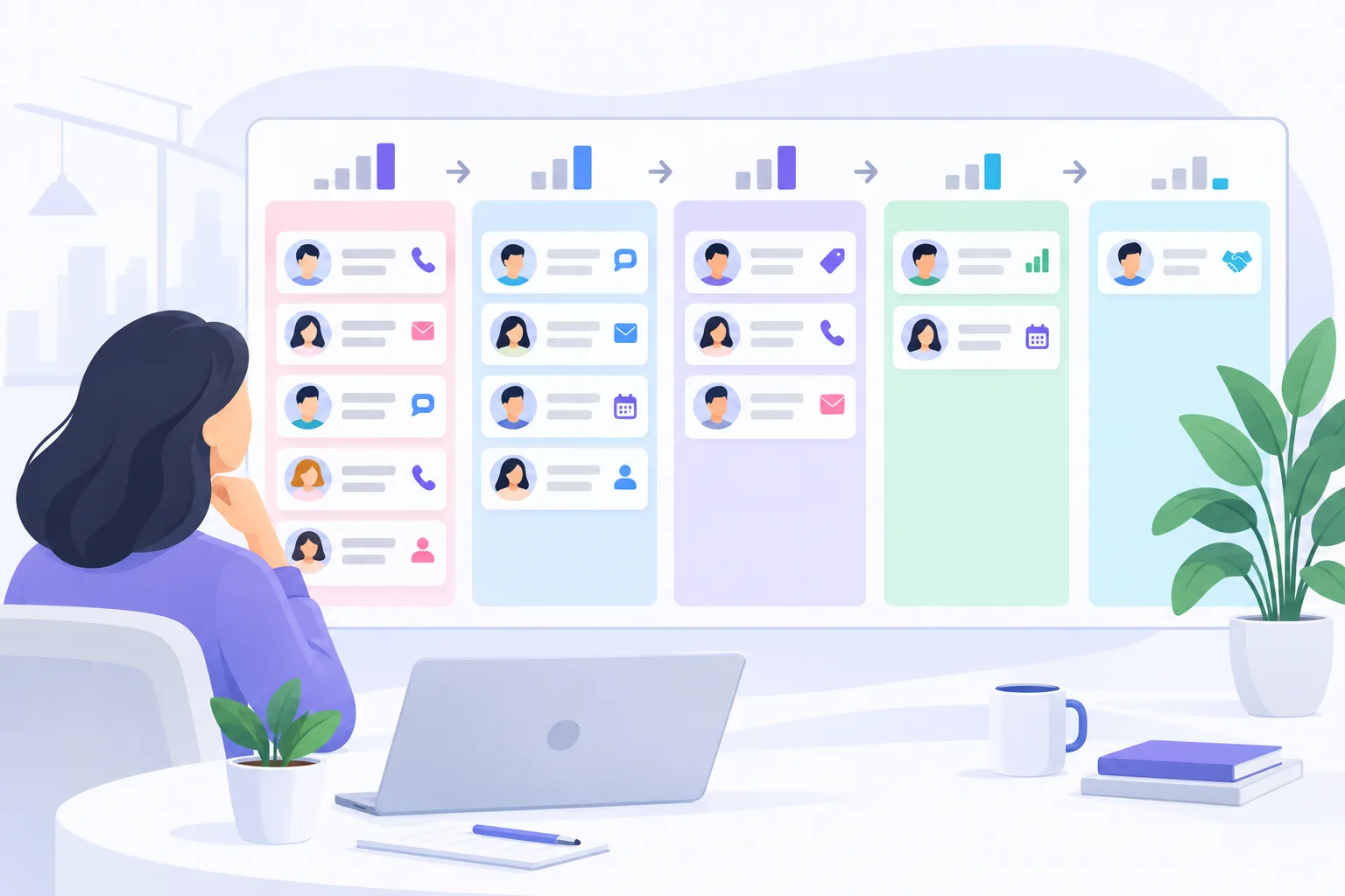 Воронка продаж в CRM: доска с этапами сделок, число карточек уменьшается от новой заявки к оплате