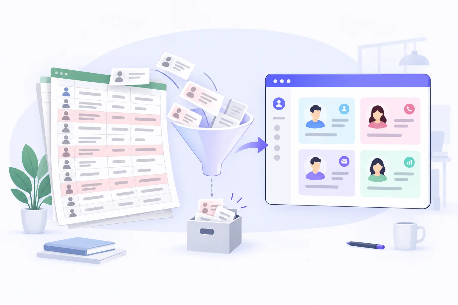 Перенос базы в CRM: старая таблица с дублями проходит чистку и превращается в аккуратные карточки клиентов, архив остаётся отдельно