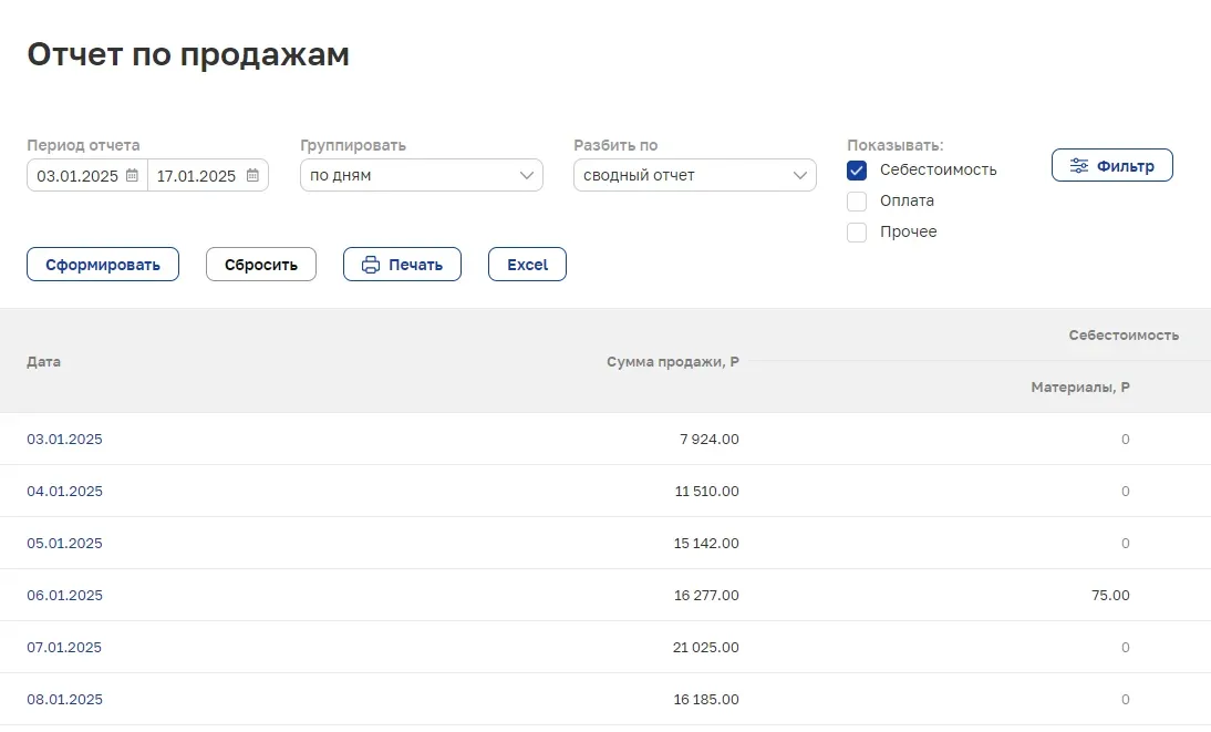 Отчёт по продажам по дням с себестоимостью материалов