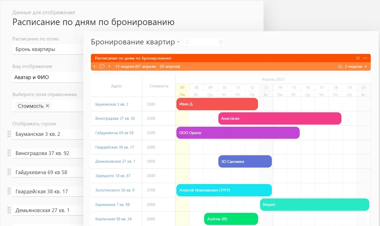 Список планировщика «Расписание по дням»: бронирование квартир по адресам на две недели апреля 2025 года и его настройки — поле расписания, вид отображения, поля справочника, строки (иллюстрация с главной страницы)