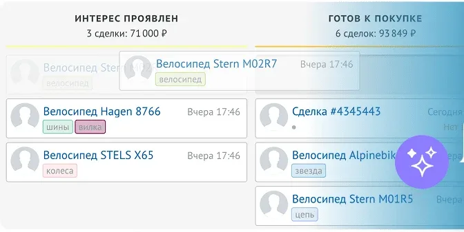 Воронка сделок: этапы «Интерес проявлен» (3 сделки на 71 000 ₽) и «Готов к покупке» (6 сделок на 93 849 ₽), карточки сделок с тегами, одна сделка перетаскивается на другой этап (фрагмент иллюстрации со страницы AI-агента, демо-данные магазина велосипедов)